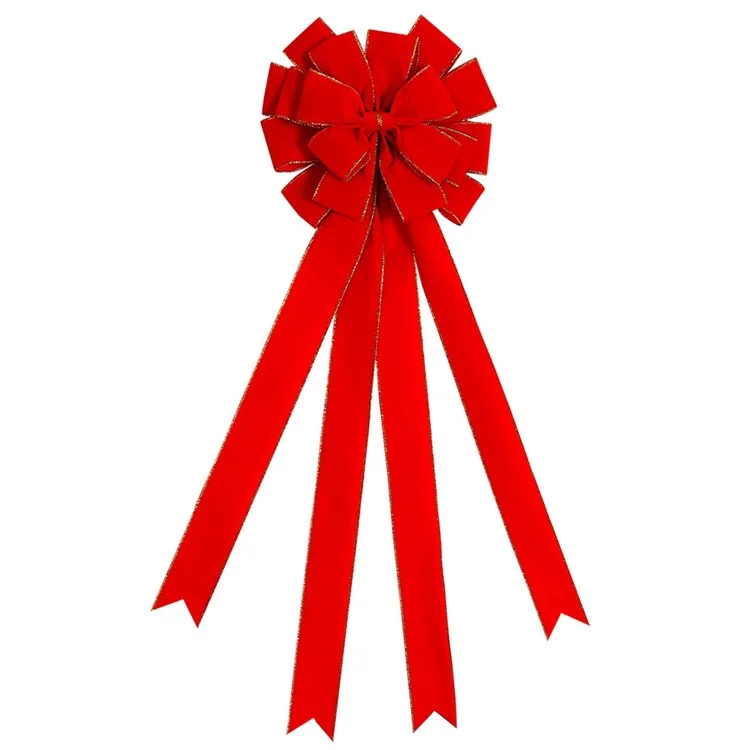 Christmas Flocking Red Bow Door Decoration Xmas Tree Bowknot Hanging Ornament - Round