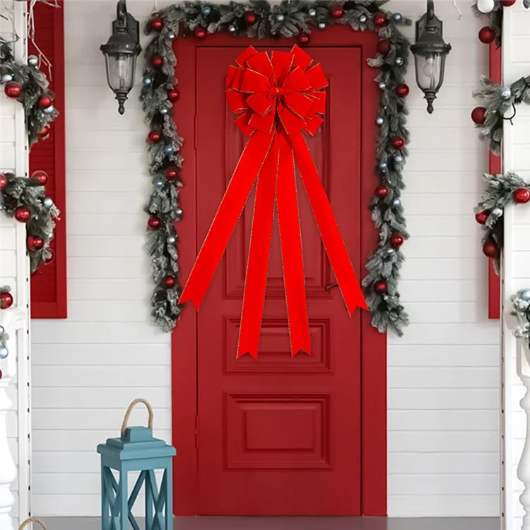 Christmas Flocking Red Bow Door Decoration Xmas Tree Bowknot Hanging Ornament - Round