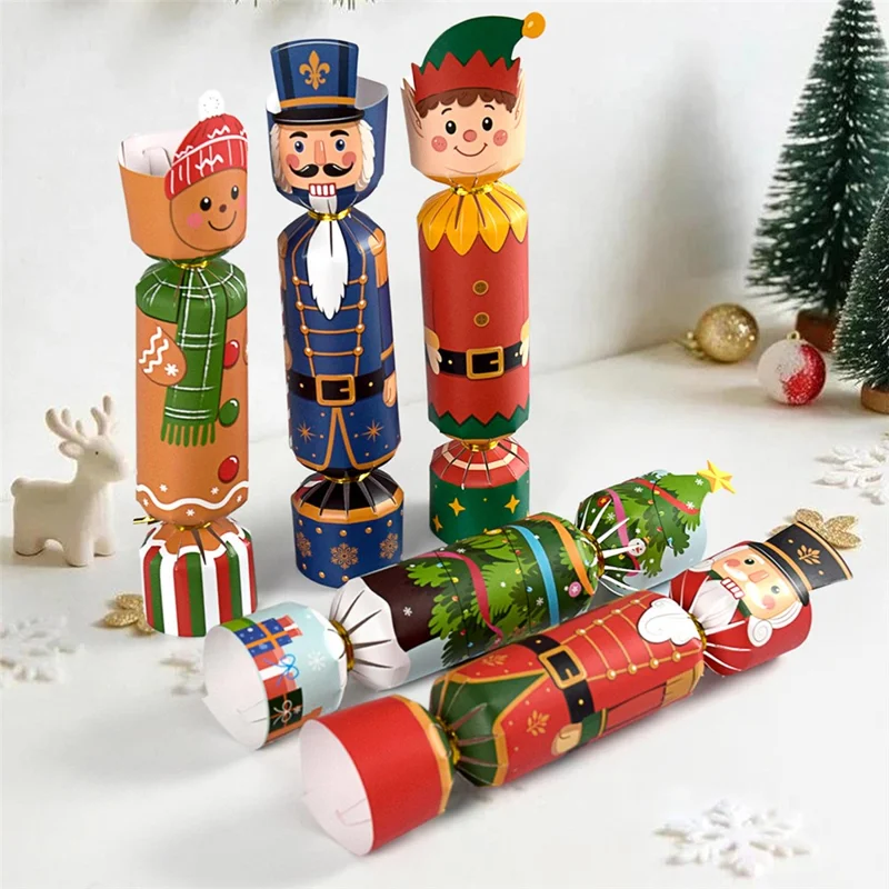 24Pcs Christmas Cartoon Cracker Boxes Nutcracker Snowman Foldable Cardboard Gift Packaging for Holiday Table
