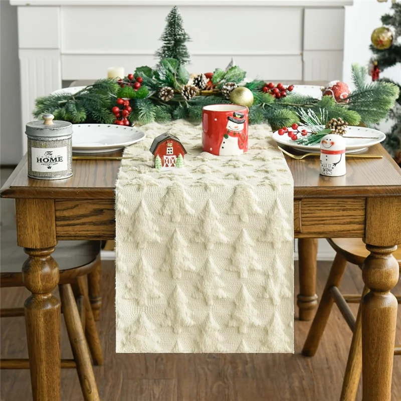 33 x 183 cm Mantel para Mesa Navideño con Diseño 3D de Árbol de Navidad, Tejido de Punto para Mesa de Comedor - Beige