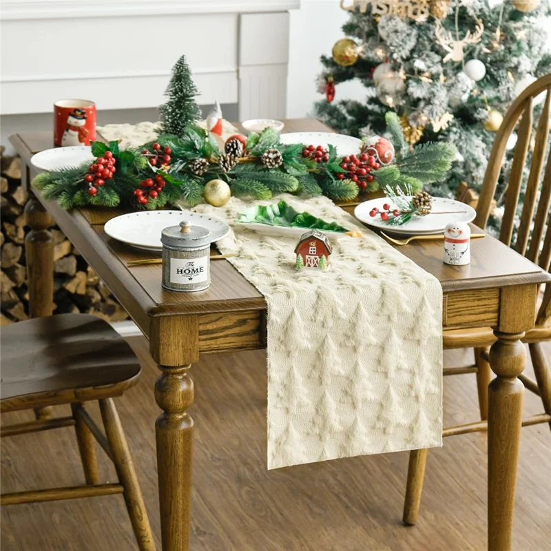33 x 183 cm Mantel para Mesa Navideño con Diseño 3D de Árbol de Navidad, Tejido de Punto para Mesa de Comedor - Beige
