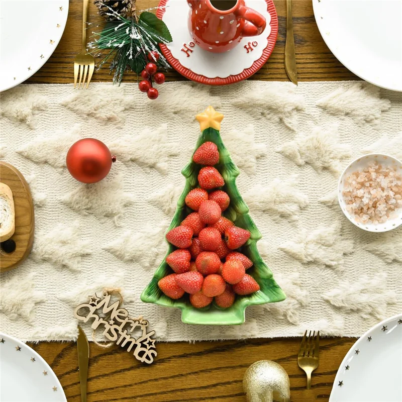 33 x 183 cm Mantel para Mesa Navideño con Diseño 3D de Árbol de Navidad, Tejido de Punto para Mesa de Comedor - Beige