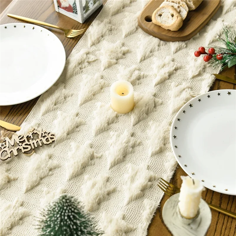 33 x 183 cm Mantel para Mesa Navideño con Diseño 3D de Árbol de Navidad, Tejido de Punto para Mesa de Comedor - Beige