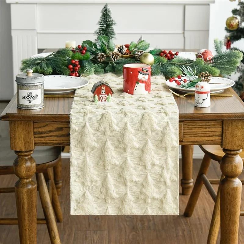 33 x 233cm Table Runner 3D Embossed Xmas Tree Knitted Fabric Tablet Runner for Christmas Dining Table - Beige