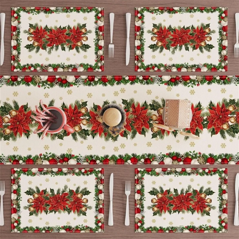 4Pcs Christmas Pattern Printing Linen Blend Placemats Machine Washable Table Mats for Holiday Dining Table Decor - Style 1