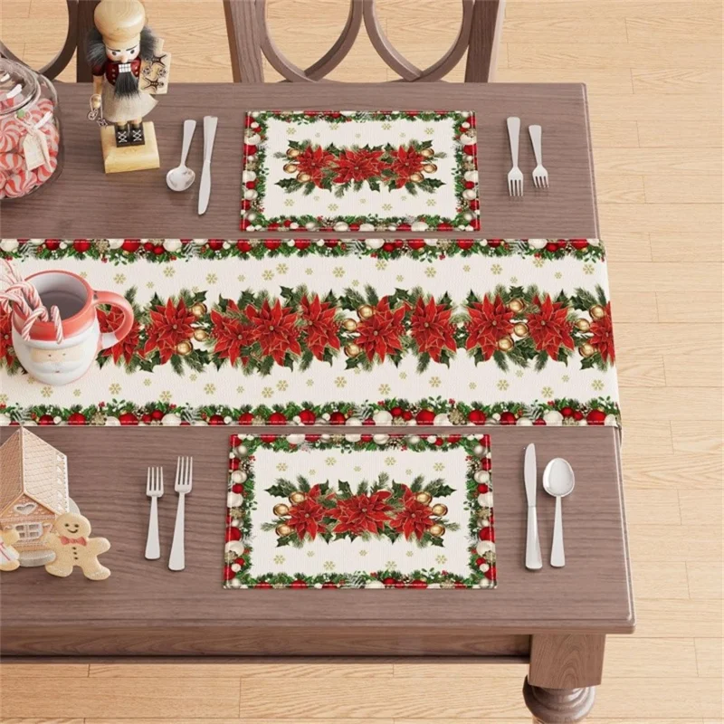 4Pcs Christmas Pattern Printing Linen Blend Placemats Machine Washable Table Mats for Holiday Dining Table Decor - Style 1
