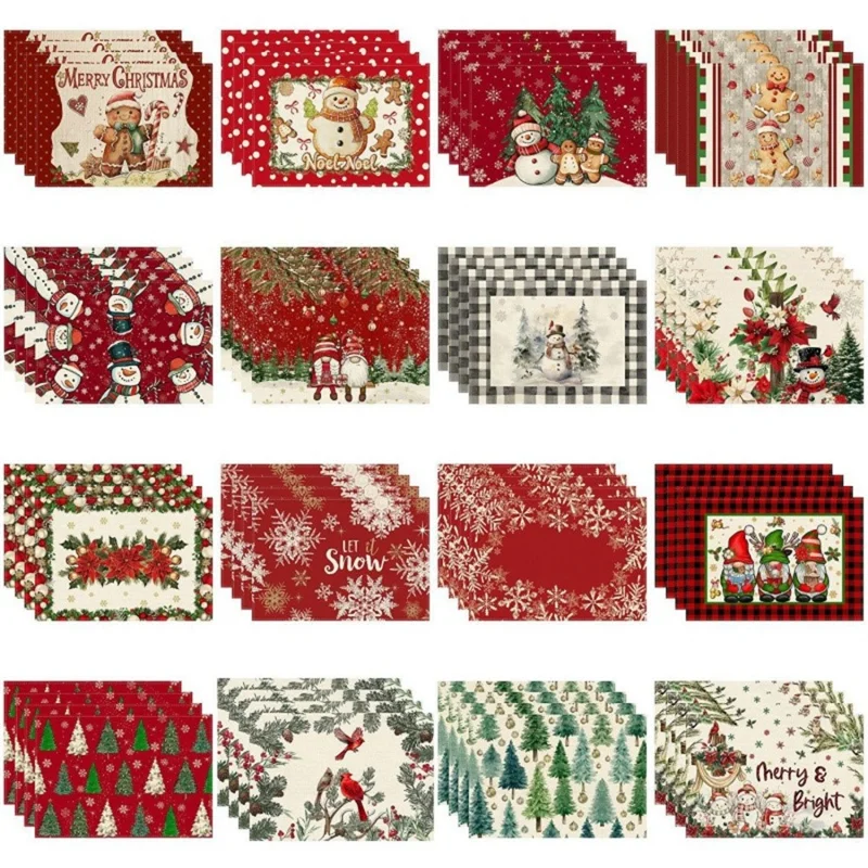 4Pcs Christmas Pattern Printing Linen Blend Placemats Machine Washable Table Mats for Holiday Dining Table Decor - Style 1