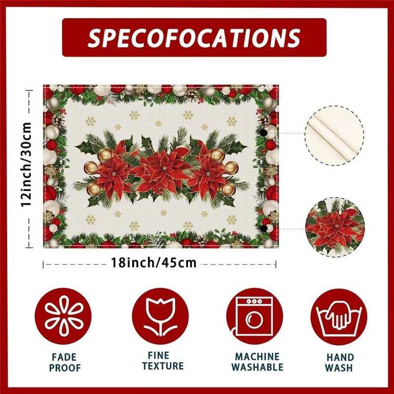 4Pcs Christmas Pattern Printing Linen Blend Placemats Machine Washable Table Mats for Holiday Dining Table Decor - Style 1