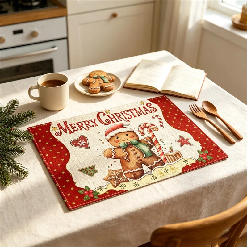 4Pcs Christmas Pattern Printing Linen Blend Placemats Machine Washable Table Mats for Holiday Dining Table Decor - Style 1