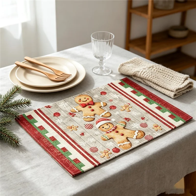 4Pcs Christmas Pattern Printing Linen Blend Placemats Machine Washable Table Mats for Holiday Dining Table Decor - Style 1