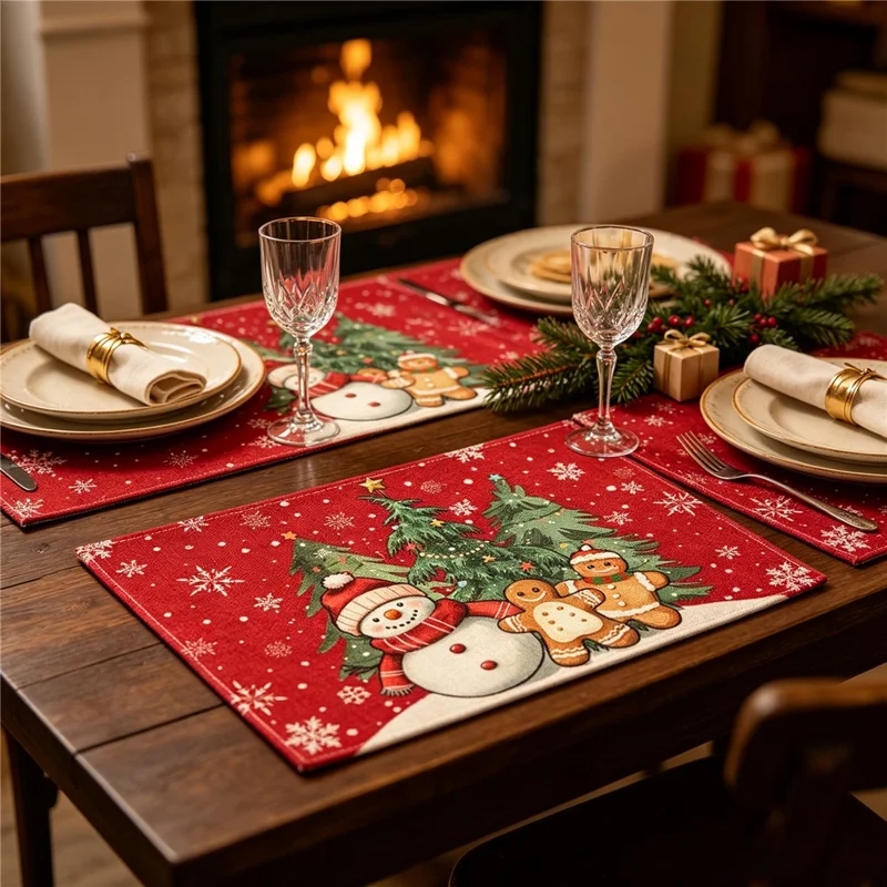 4Pcs Christmas Pattern Printing Linen Blend Placemats Machine Washable Table Mats for Holiday Dining Table Decor - Style 1