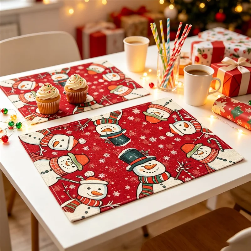 4Pcs Christmas Pattern Printing Linen Blend Placemats Machine Washable Table Mats for Holiday Dining Table Decor - Style 1