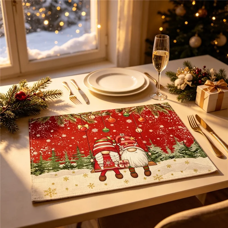 4Pcs Christmas Pattern Printing Linen Blend Placemats Machine Washable Table Mats for Holiday Dining Table Decor - Style 1