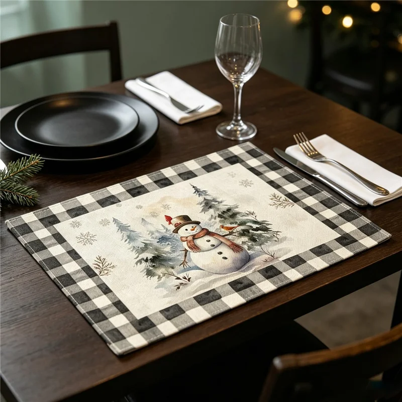 4Pcs Christmas Pattern Printing Linen Blend Placemats Machine Washable Table Mats for Holiday Dining Table Decor - Style 1