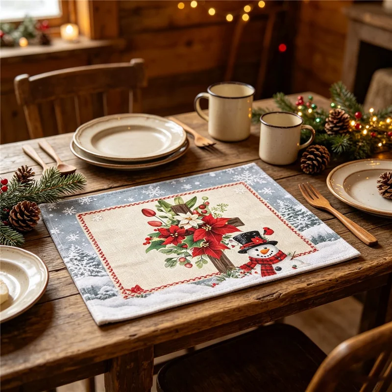4Pcs Christmas Pattern Printing Linen Blend Placemats Machine Washable Table Mats for Holiday Dining Table Decor - Style 1