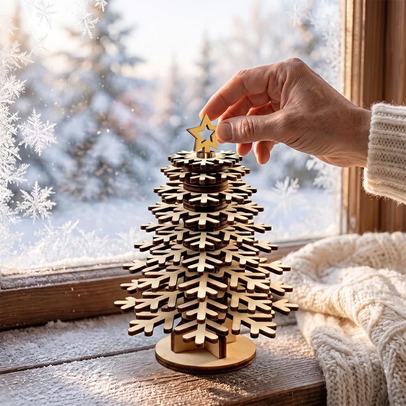 Enfeite de Natal em Madeira 3D Árvore de Natal em Floco de Neve Design em Camadas Base Entrelaçada Topper em Forma de Estrela para Exposição em Mesa - SCM3448