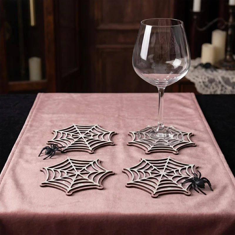 4Pcs 10.5cm Spiderweb Coasters 3D Layered MDF Heat Resistant Non-Slip Drink Coasters for Table Decor - SCN367