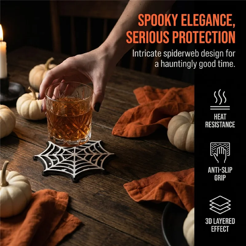 4Pcs 10.5cm Spiderweb Coasters 3D Layered MDF Heat Resistant Non-Slip Drink Coasters for Table Decor - SCN367