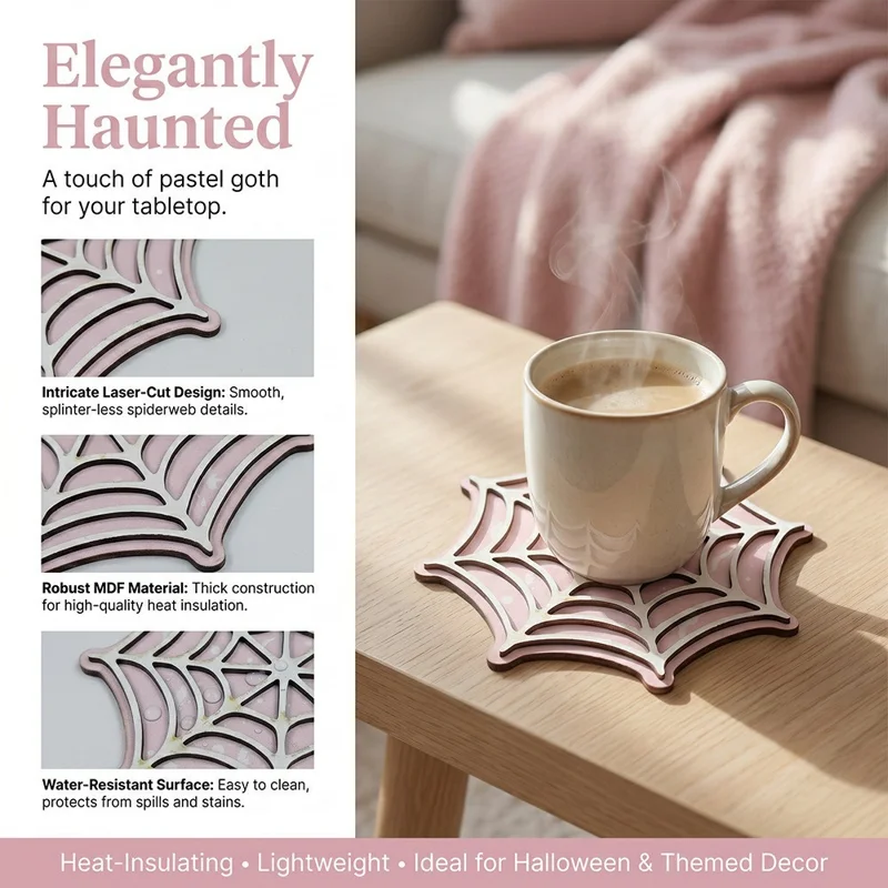 4Pcs 10.5cm Spiderweb Coasters 3D Layered MDF Heat Resistant Non-Slip Drink Coasters for Table Decor - SCN367