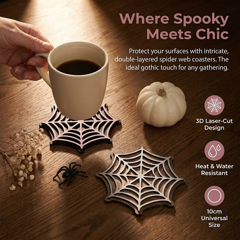 5Pcs Spider Web Wooden Coasters 3D Laser-Cut Double-Layer Heat Resistant Table Decor for Parties - SCN365