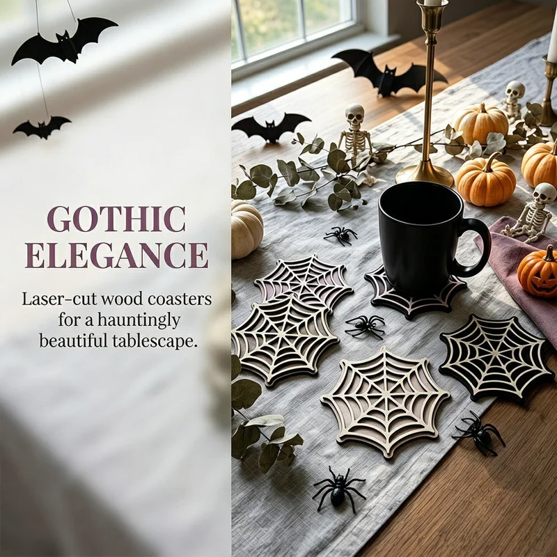 5Pcs Spider Web Wooden Coasters 3D Laser-Cut Double-Layer Heat Resistant Table Decor for Parties - SCN365