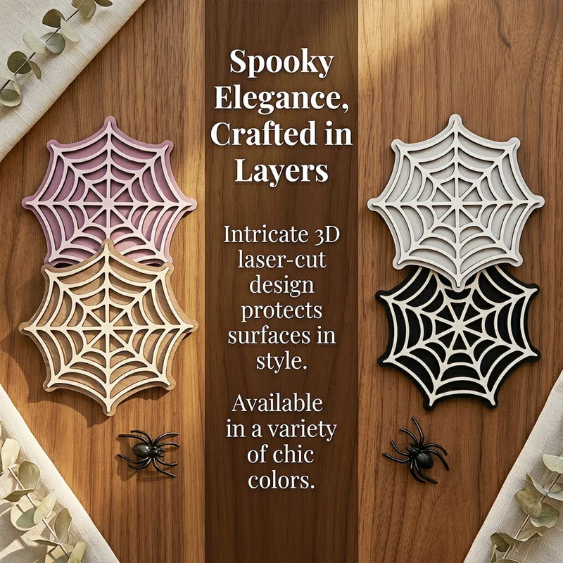 5Pcs Spider Web Wooden Coasters 3D Laser-Cut Double-Layer Heat Resistant Table Decor for Parties - SCN365