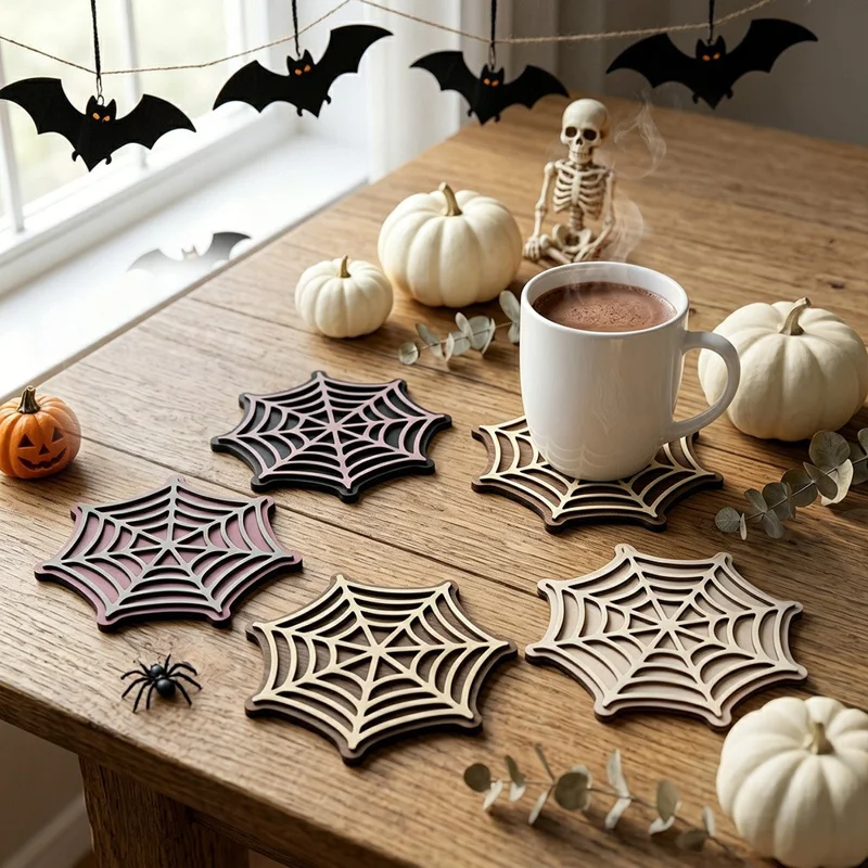 5Pcs Spider Web Wooden Coasters 3D Laser-Cut Double-Layer Heat Resistant Table Decor for Parties - SCN365