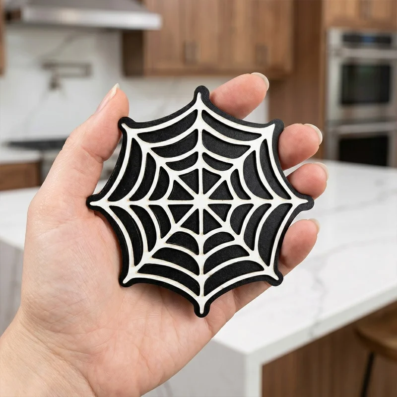 5Pcs Spider Web Wooden Coasters 3D Laser-Cut Double-Layer Heat Resistant Table Decor for Parties - SCN365