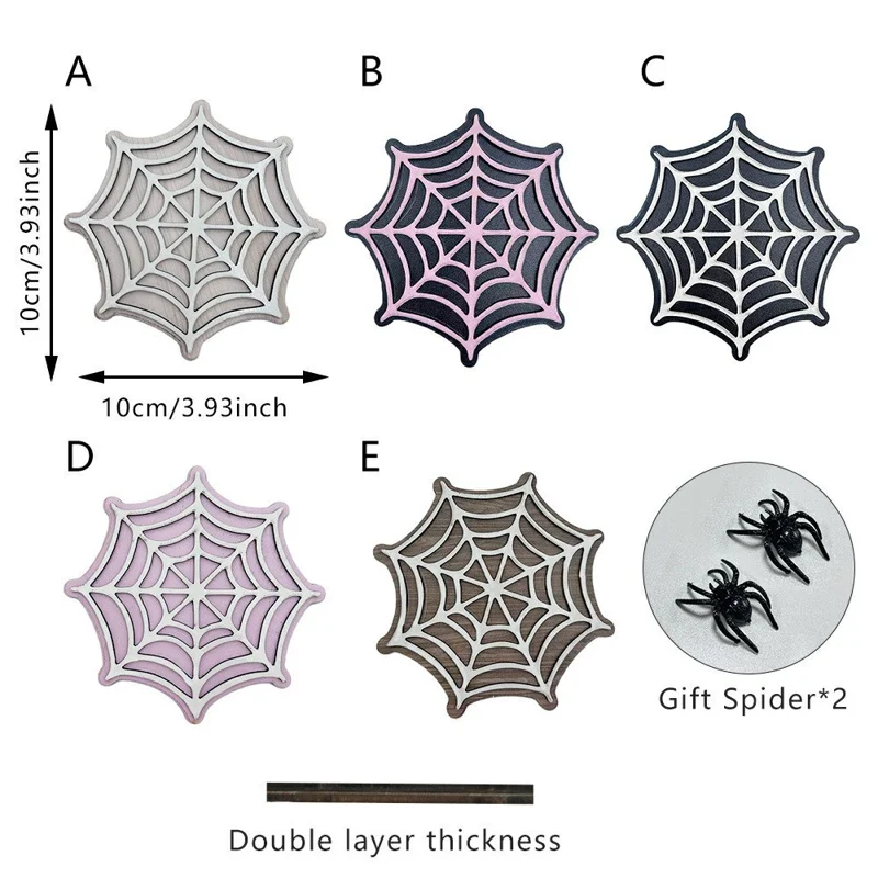5Pcs Spider Web Wooden Coasters 3D Laser-Cut Double-Layer Heat Resistant Table Decor for Parties - SCN365