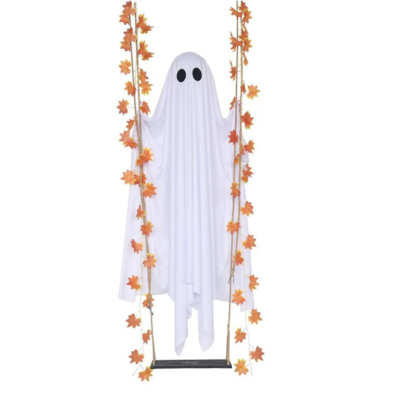 19,7 Zoll breiter Ahornblatt-Geister-Schaukel mit leerer Batteriebox, LED-Lichterkette, MDF-Tafel, Hängedekoration für Halloween, Veranda, Garten