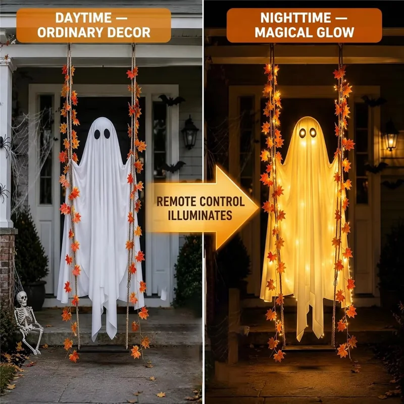 19,7 Zoll breiter Ahornblatt-Geister-Schaukel mit leerer Batteriebox, LED-Lichterkette, MDF-Tafel, Hängedekoration für Halloween, Veranda, Garten