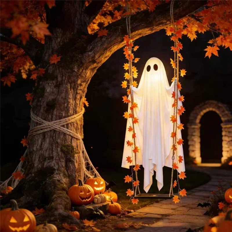 19,7 Zoll breiter Ahornblatt-Geister-Schaukel mit leerer Batteriebox, LED-Lichterkette, MDF-Tafel, Hängedekoration für Halloween, Veranda, Garten