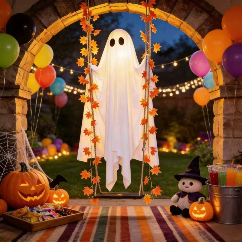 19,7 Zoll breiter Ahornblatt-Geister-Schaukel mit leerer Batteriebox, LED-Lichterkette, MDF-Tafel, Hängedekoration für Halloween, Veranda, Garten