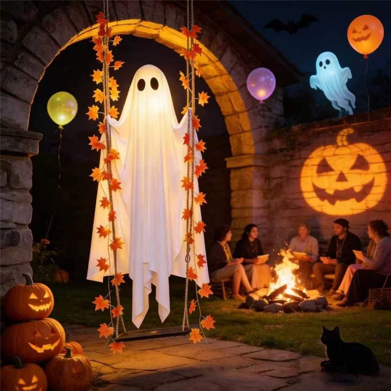 19,7 Zoll breiter Ahornblatt-Geister-Schaukel mit leerer Batteriebox, LED-Lichterkette, MDF-Tafel, Hängedekoration für Halloween, Veranda, Garten
