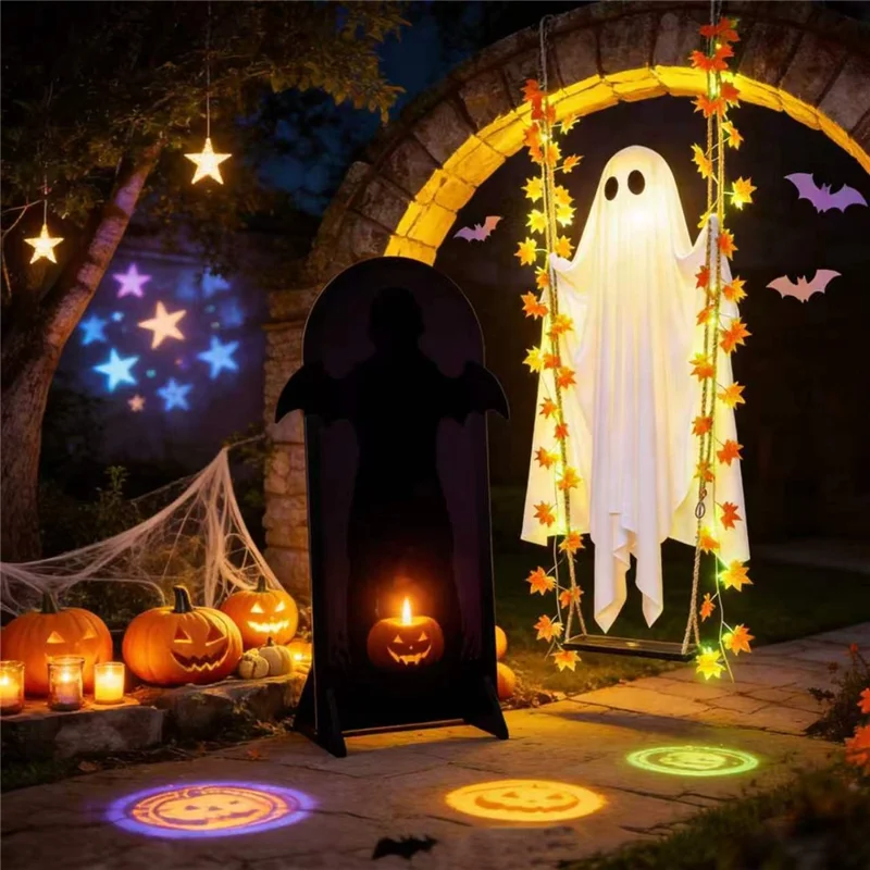 19,7 Zoll breiter Ahornblatt-Geister-Schaukel mit leerer Batteriebox, LED-Lichterkette, MDF-Tafel, Hängedekoration für Halloween, Veranda, Garten