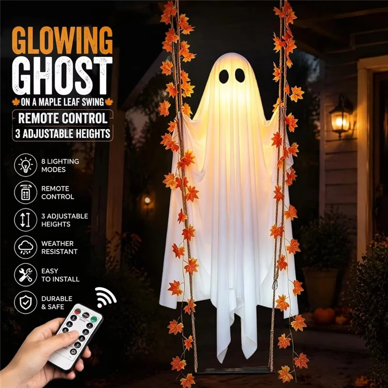 19,7 Zoll breiter Ahornblatt-Geister-Schaukel mit Fernbedienung, LED-Lichterkette, MDF-Hänge-Deko für Halloween, Veranda, Garten