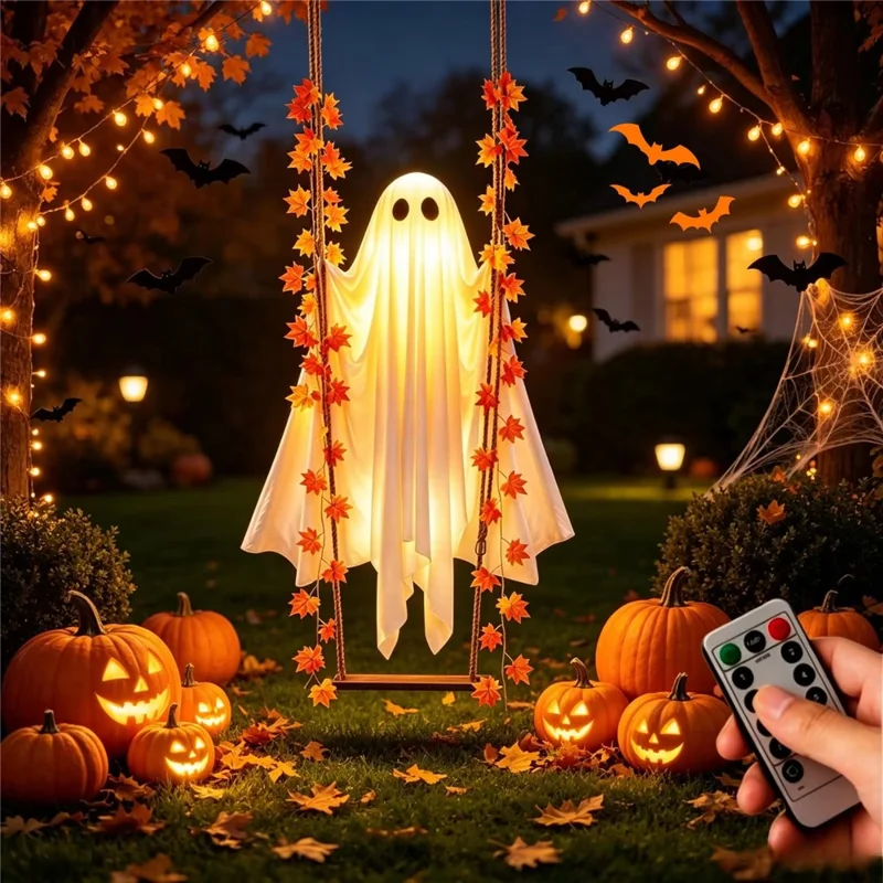 19,7 Zoll breiter Ahornblatt-Geister-Schaukel mit Fernbedienung, LED-Lichterkette, MDF-Hänge-Deko für Halloween, Veranda, Garten