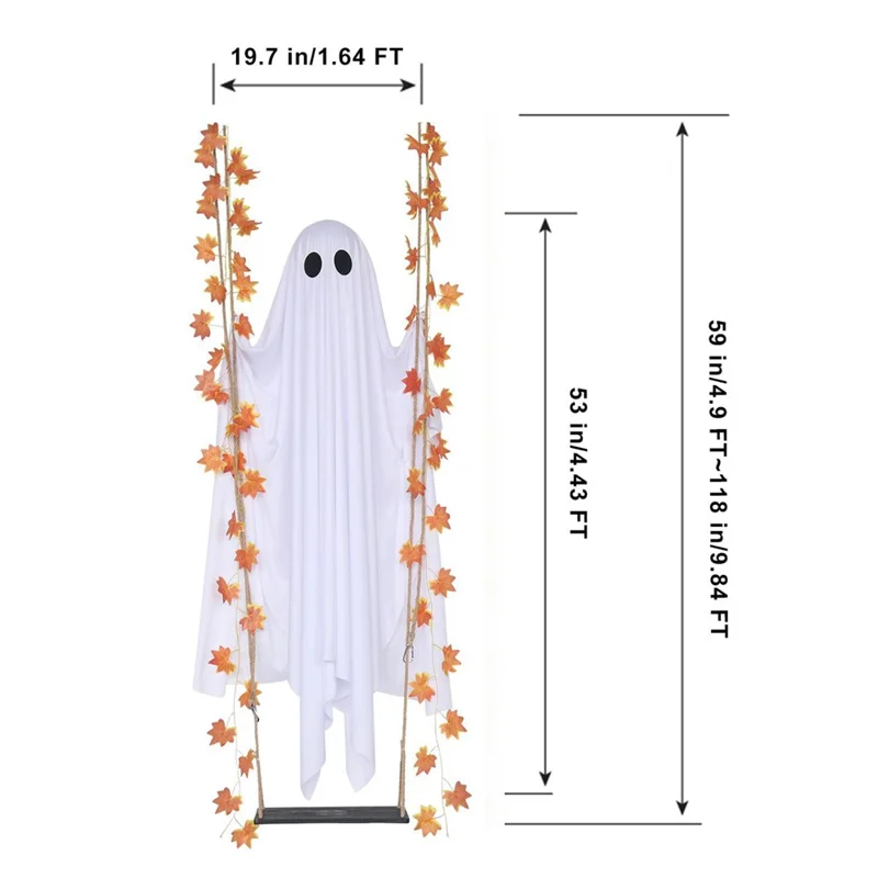 Balancelle fantôme de 19,7 po de large avec guirlande lumineuse à piles, planche en bois massif, décoration suspendue pour Halloween, porche, jardin