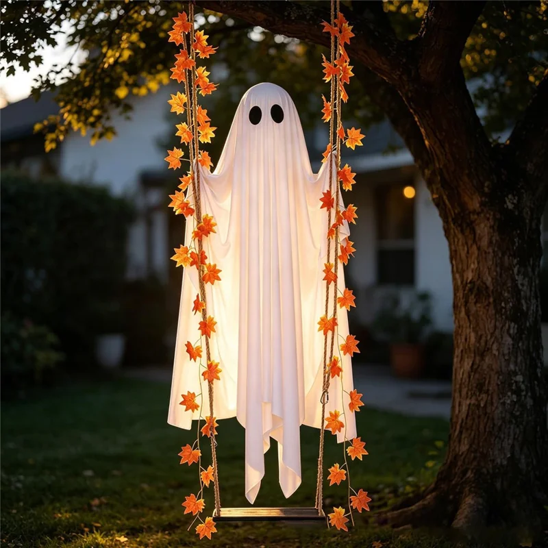 Balancelle fantôme de 19,7 po de large avec guirlande lumineuse à piles, planche en bois massif, décoration suspendue pour Halloween, porche, jardin