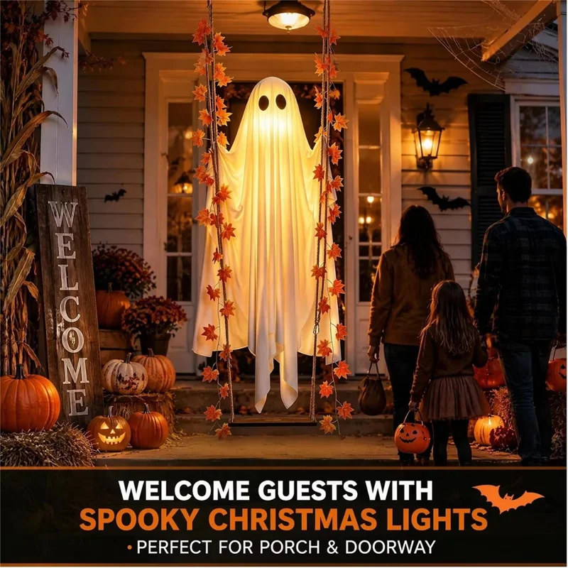 Balancelle de fantôme de 19,7 po de large avec feuilles d'érable, lumière LED avec télécommande, décoration suspendue en bois massif pour Halloween, porche et jardin