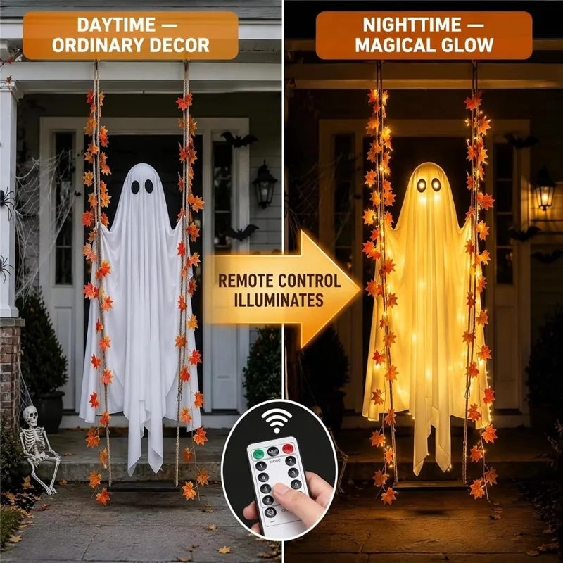 Balancelle de fantôme de 19,7 po de large avec feuilles d'érable, lumière LED avec télécommande, décoration suspendue en bois massif pour Halloween, porche et jardin