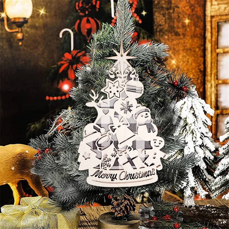 Wooden Christmas Tree Pendant Xmas Tree Hanging Ornament for Window Door Wall Decor - Grey