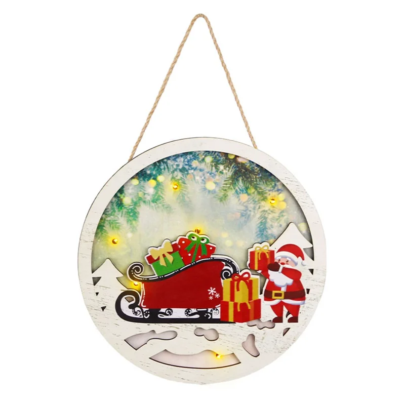 LED Light Christmas Ornament Round Wooden Hanging Pendant Showcase Wall Decor - Sleigh and Gift