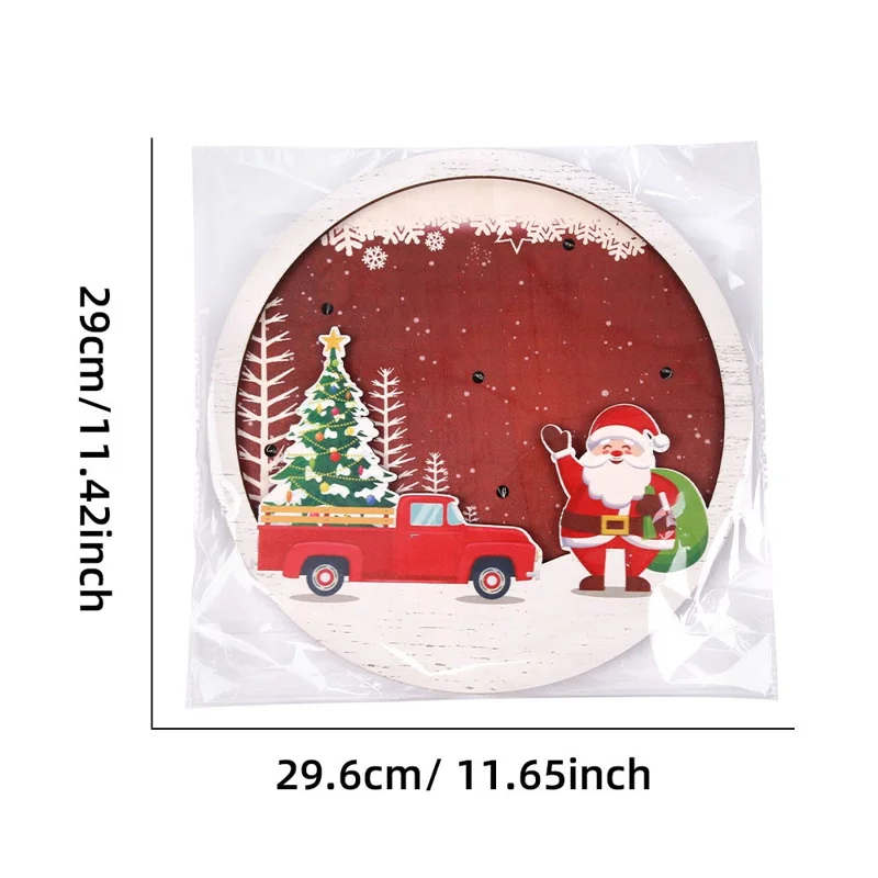 LED Light Christmas Ornament Round Wooden Hanging Pendant Showcase Wall Decor - Sleigh and Gift