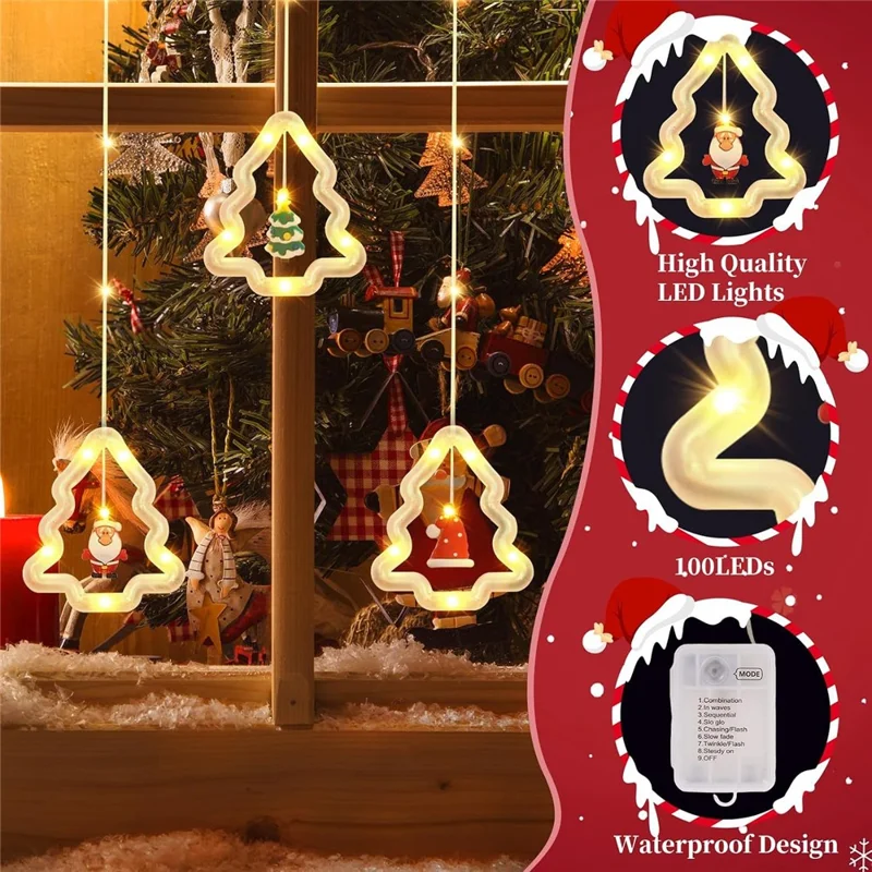 Luzes de Cortina de Natal com 100 LEDs, Alimentação USB, 8 Modos, Controlo Remoto, Impermeável IP44, Luzes de Cordão - Design de Árvore de Natal