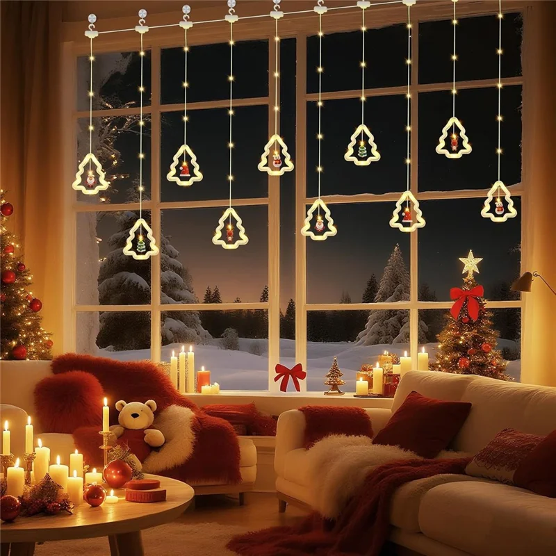 Luzes de Cortina de Natal com 100 LEDs, Alimentação USB, 8 Modos, Controlo Remoto, Impermeável IP44, Luzes de Cordão - Design de Árvore de Natal