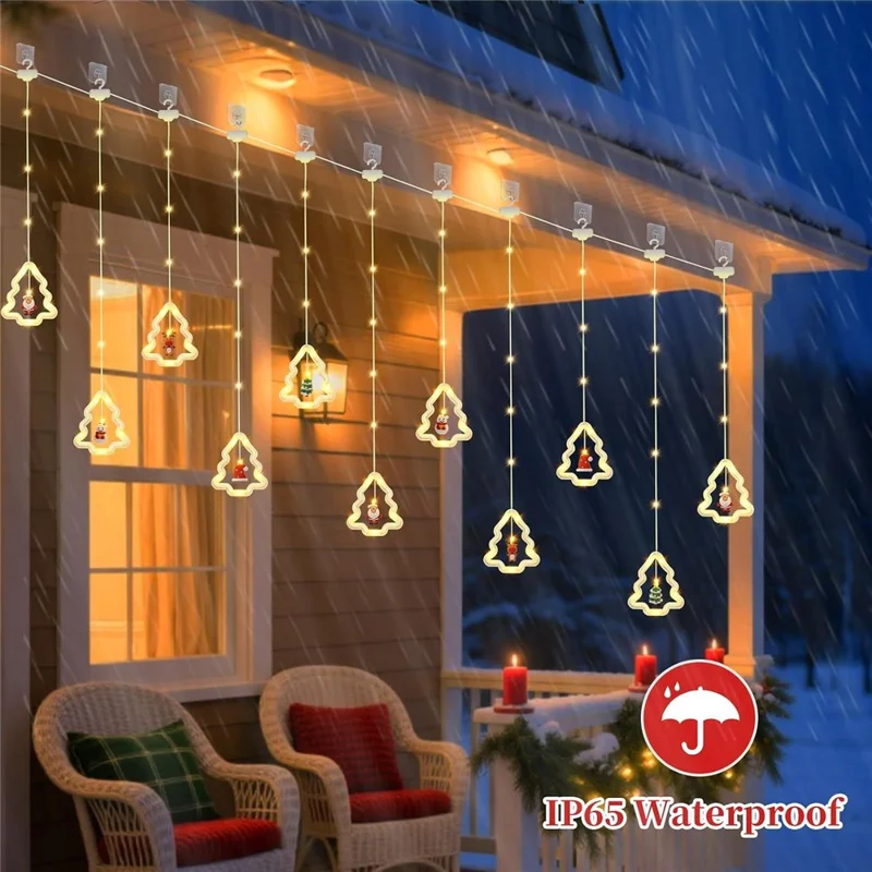 Luzes de Cortina de Natal com 100 LEDs, Alimentação USB, 8 Modos, Controlo Remoto, Impermeável IP44, Luzes de Cordão - Design de Árvore de Natal