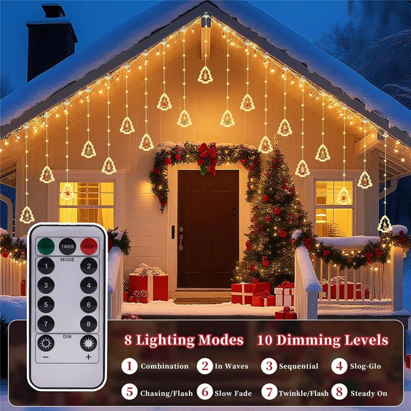 Luzes de Cortina de Natal com 100 LEDs, Alimentação USB, 8 Modos, Controlo Remoto, Impermeável IP44, Luzes de Cordão - Design de Árvore de Natal