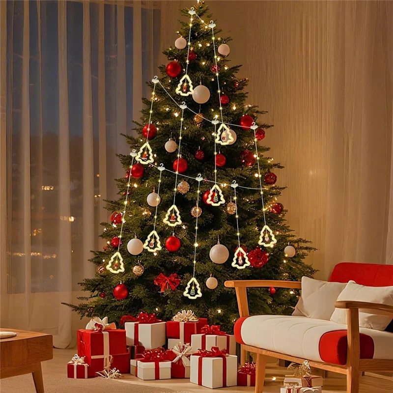 Luzes de Cortina de Natal com 100 LEDs, Alimentação USB, 8 Modos, Controlo Remoto, Impermeável IP44, Luzes de Cordão - Design de Árvore de Natal
