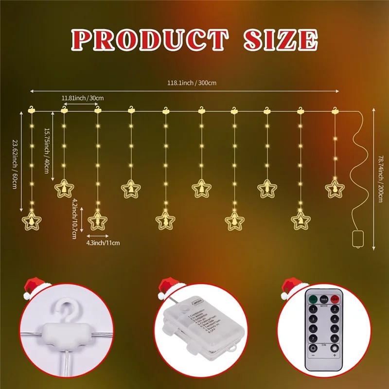 Luzes de Cortina de Natal com 100 LEDs, Alimentação USB, 8 Modos, Controlo Remoto, Impermeável IP44, Luzes de Cordão - Design de Árvore de Natal